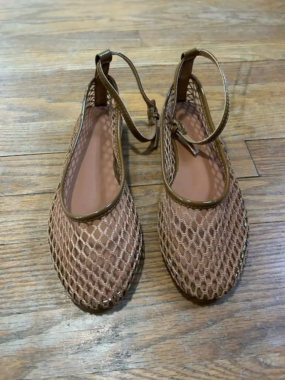 Mesh Ankle Strap Ballet Flats Mary Jane Size 7 Tan Round Toe NEW